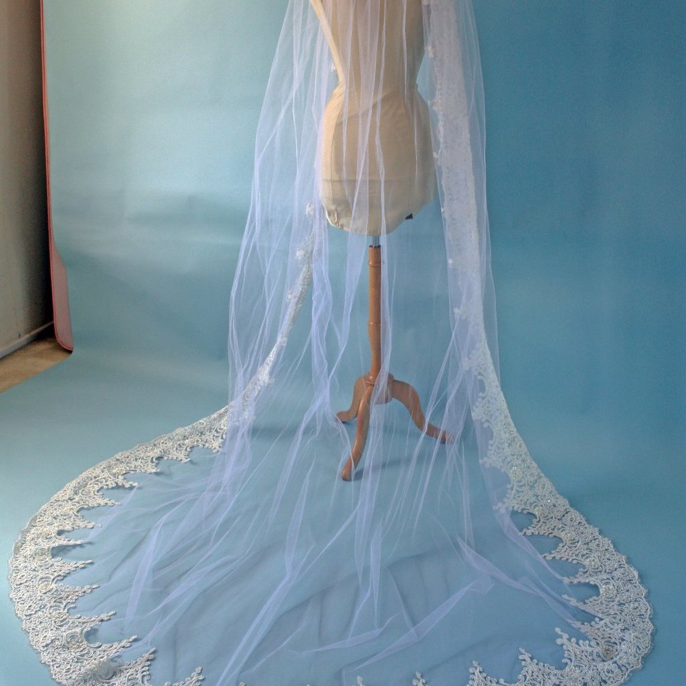 Couture Hand Beaded Lace Border Cathedral Veil